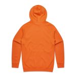 An orange hoodie with a hood and long sleeves, featuring a logo on the back.