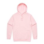 A pink hoodie with a front pocket and a hood, featuring a logo on the chest area.