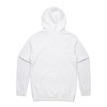 A white hoodie with a front pocket and a large hood, featuring a logo on the back.