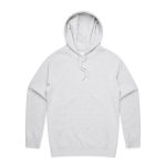 A grey hoodie featuring a front pocket and a drawstring hood, with a logo on it.