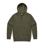 An olive green hoodie with a front pocket and a drawstring hood, featuring a logo.
