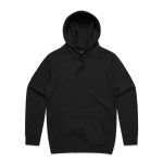 A black hoodie featuring a front pocket and drawstring hood, with a logo on the design.