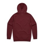A burgundy hoodie featuring a hood and long sleeves, displaying a plain back view. It has a branding logo.