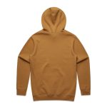A brown jumper with a hood, featuring long sleeves and a plain back. It has a logo on it.