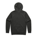 A dark grey hoodie featuring a hood and long sleeves, showcasing a plain back view.