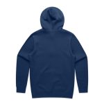 A navy blue hoodie featuring a back view and a hood. It has a simple, unembellished design and includes a branding logo.