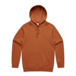 A brown hoodie featuring a front pocket and a drawstring hood. It includes a logo.