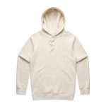 A light cream hoodie featuring a front pocket and a drawstring hood. The garment has a subtle logo on it.