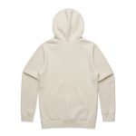 A cream-coloured hoodie with a hood and long sleeves, featuring a back view and a subtle branding logo.