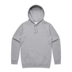 A grey hoodie featuring a hood and a front pocket, with a subtle logo on the design.
