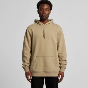 A beige hoodie with a front pocket and drawstring hood, featuring a branding logo.