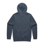 A grey hoodie featuring a hood and long sleeves, with a simple design and branding on the back.