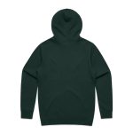 A dark green hoodie with a hood, featuring a plain back. It has a logo on it.
