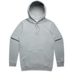 A grey hoodie with a front pocket and a large hood, featuring a logo on the label.