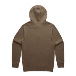 A brown hoodie with a hood, featuring a plain back design. It includes a logo at the base.