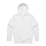 A white hoodie with a front pouch pocket and a drawstring hood. It features a logo on the front.