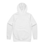 A white hoodie featuring a hood and long sleeves, displaying a plain back view with a logo.