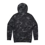 A hoodie featuring a dark green and grey camo pattern, with a hood and no visible branding.