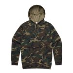 A camouflage hoodie featuring shades of green and brown, with a drawstring hood and a front pocket.