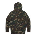 A camouflage hoodie in various shades of green and brown, featuring a hood and a logo.