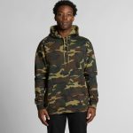 A camouflage hoodie in shades of green and brown, featuring a front pocket and a drawstring hood.