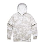 A camouflage-patterned hoodie in shades of white and grey, featuring a front pouch pocket and a drawstring hood.