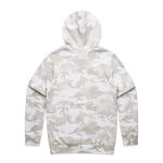 A hooded jumper in a light grey camo pattern, featuring a logo on the back.