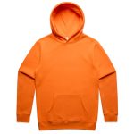 An orange hoodie with a front pocket and a hood, featuring a logo on the chest.