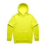 A bright yellow hoodie with a large front pocket and a hood, featuring a simple design and a logo.
