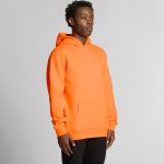 An orange safety hoodie with a front pocket and a hood, featuring a logo on the garment.