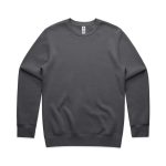 A grey sweatshirt with long sleeves and a ribbed neckline. It features a logo on the front.