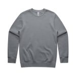 A grey sweatshirt with long sleeves and a round neckline, featuring a logo on the label.