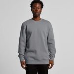 A grey hoodie with long sleeves and a round neckline, featuring a simple design and a logo.