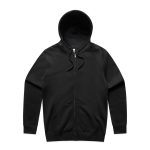 A black zip-up hoodie with a front pocket and a hood. It features a logo on one side.