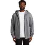 A grey zip-up hooded jumper featuring a front pocket and a logo. Model wears a white t-shirt underneath.