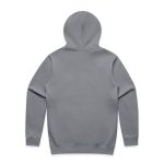 A grey zip-up hoodie with a hood, featuring a simple design and no visible branding.