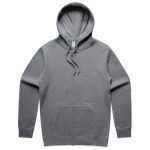 A grey zip hoodie featuring a drawstring hood and a front pocket, with a logo on the label.