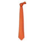 An orange cravat tie with a smooth texture and a knotted design at the top, featuring a simple branding logo.