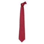 A cravat tie in a rich burgundy colour with a smooth finish and a simple knot at the top.