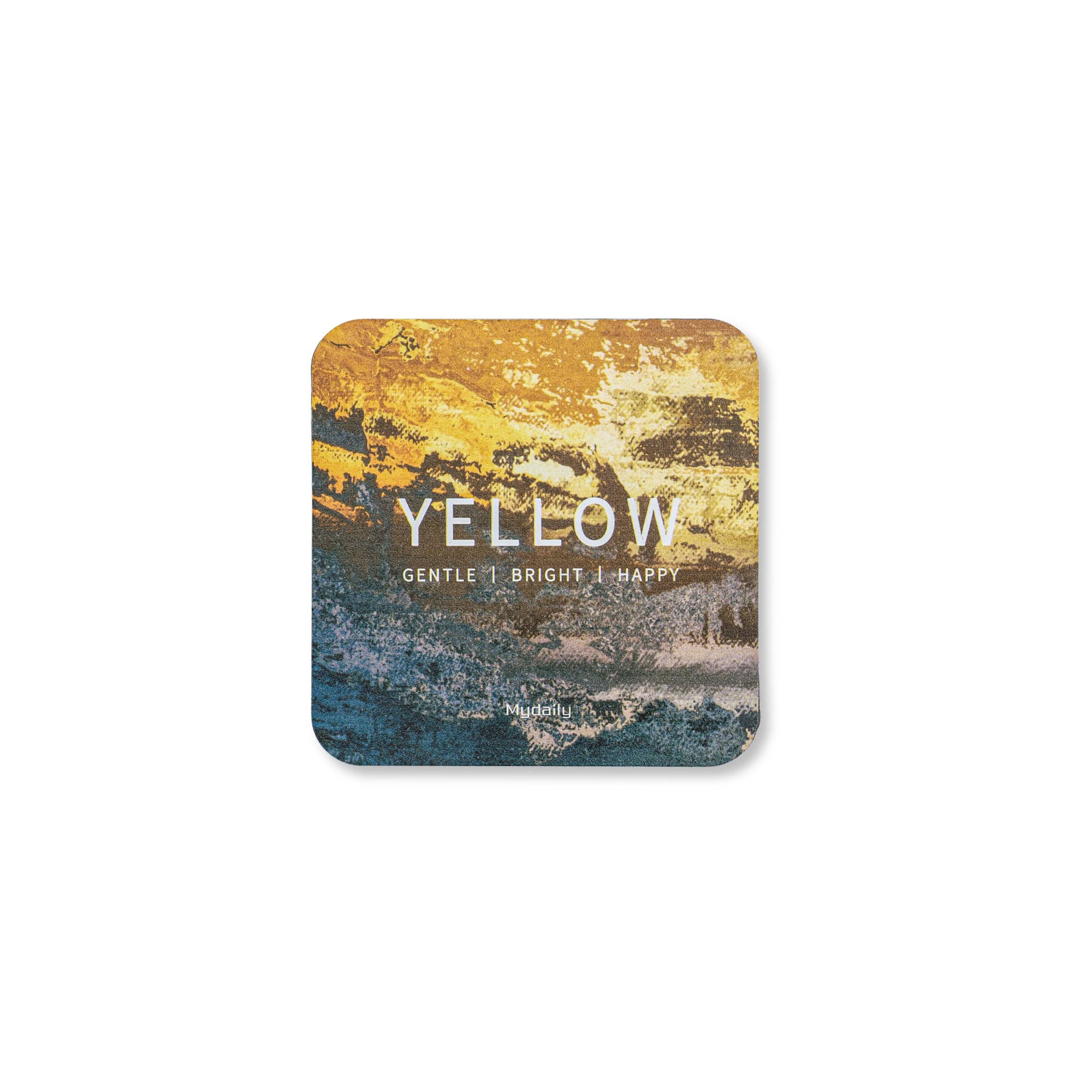 A square frosted metal coaster featuring a vibrant yellow, blue, and orange design with a logo. Square Frosted Metal Coaster - Image 1