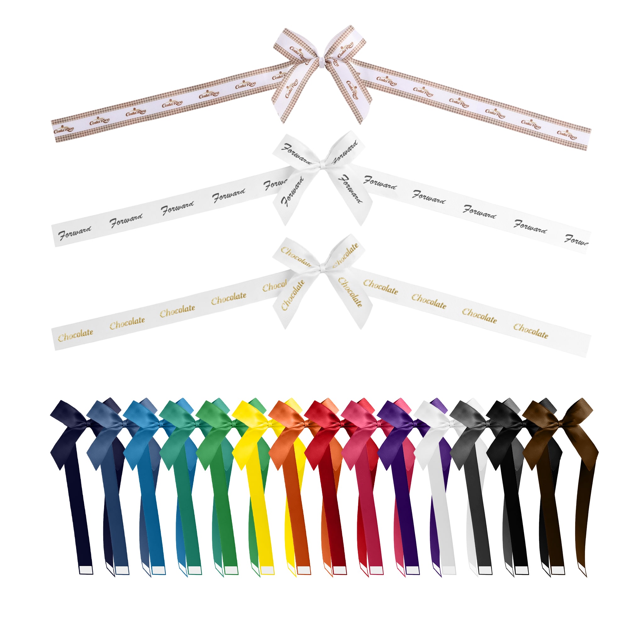 Adhesive ribbon bows in various colours, including gold, white, blue, green, and brown, displayed in multiple lengths and styles. 16mm Adhesive Ribbon Bows - Image 1