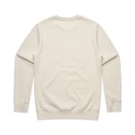 A cream-coloured sweater with long sleeves and a plain back. It features a logo on the garment.