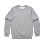 A grey jumper with long sleeves and a round neckline. It features a small logo on the front.