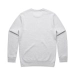 A grey sweater with long sleeves and a crew neck, featuring a logo on the back.