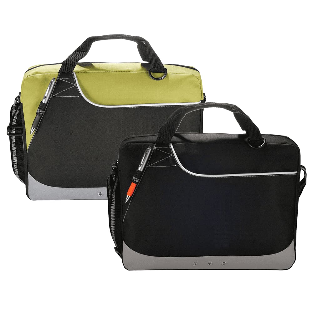 A laptop bag set featuring one black bag and one black with lime green accents, both with a shoulder strap and logo. Rubble Brief Bag 9L - Image 1