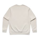 A light beige jumper with a plain back design and ribbed cuffs and hem. It features a logo on the neckline.