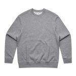 A grey sweatshirt with long sleeves and a crew neck, featuring a subtle branding logo.