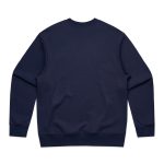 A navy blue jumper featuring long sleeves and a crew neck, with a plain back and a logo.