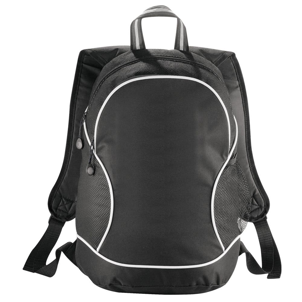 A black backpack with mesh side pockets and white trim, featuring padded shoulder straps and a branding logo. Boomerang Backpack 24L - Image 1