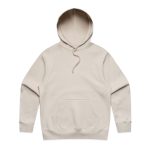 A beige hoodie with a front pocket and a drawstring hood, featuring a logo on the chest area.